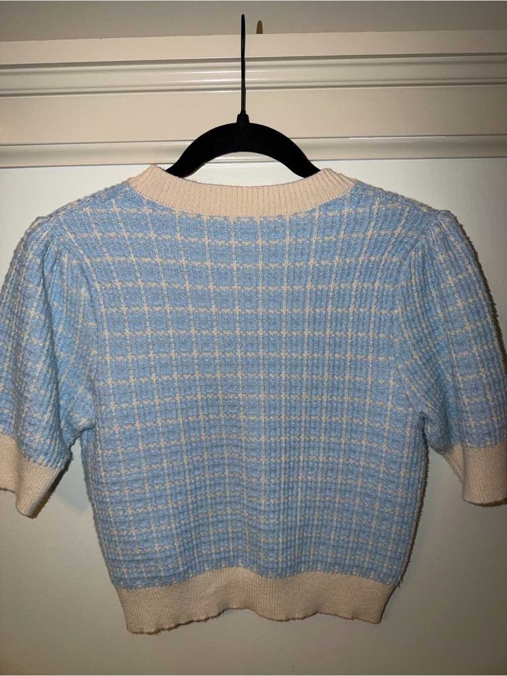 Preppy Light Blue and White Gingham/Tweed Pattern Sweater Blouse Size XS - Picture 2 of 5